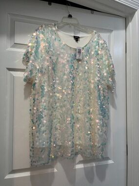 torrid Iridescent Sequin Overlay Top in White with Aqua Shine